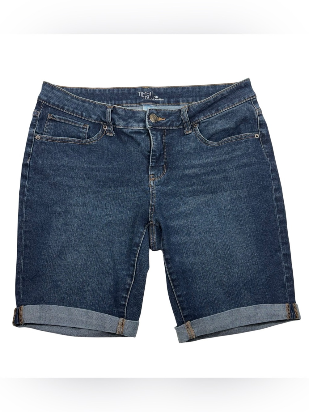 Time & Tru Mid Rise Rolled Long Inseam Bermuda Denim Jean Shorts Plus Size 16
